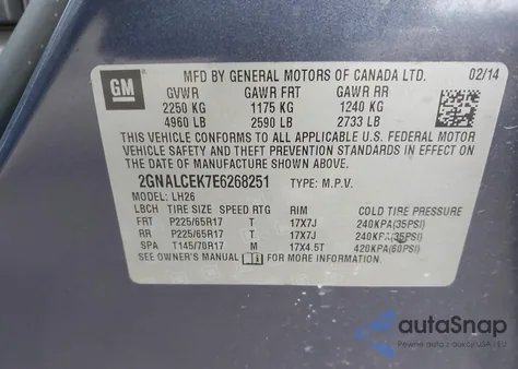 2014 Chevrolet Equinox 2Lt z USA, uszkodzony, nr VIN 2GNALCEK7E6268251